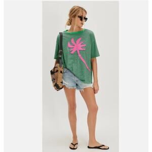 Free People Ragabond Studio Striped Top XL Pink Palm Applique Organic Cotton USA